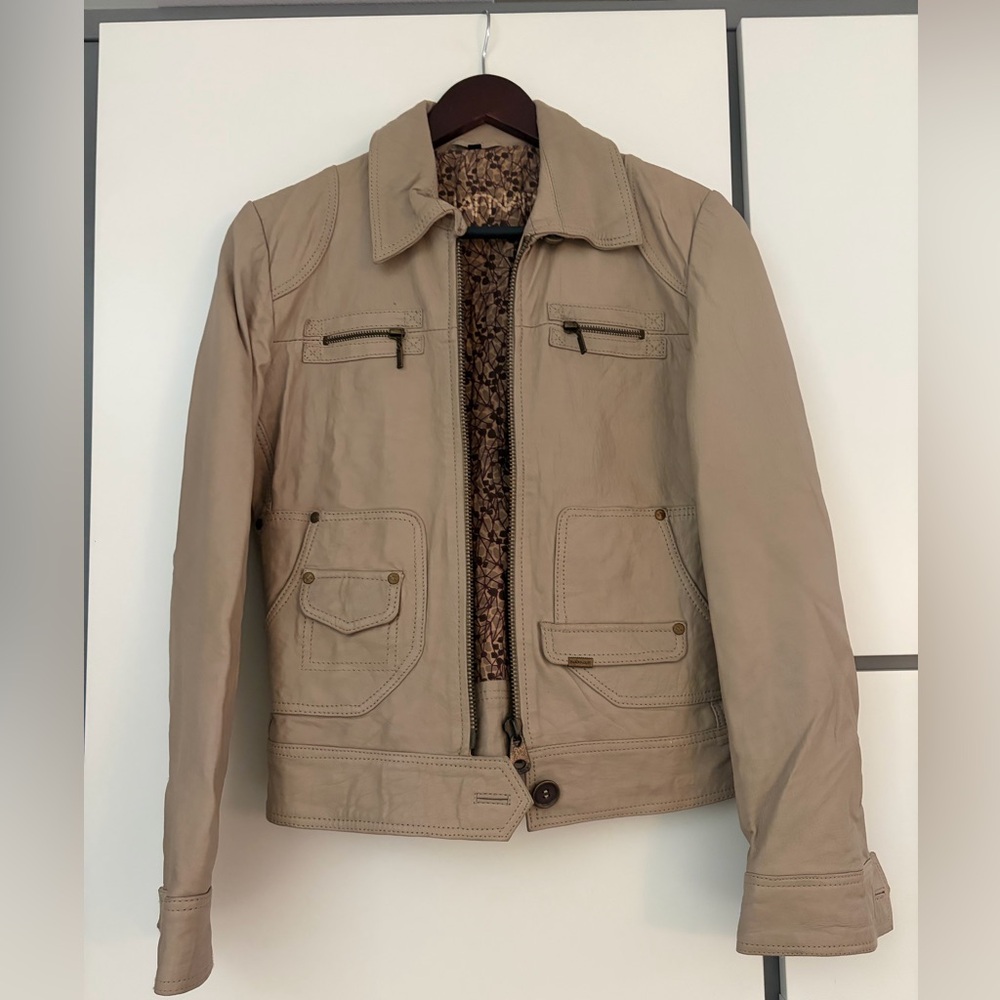 NAF NAF Taupe Leather Jacket with Zip Front
